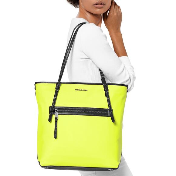 NEW Michael Kors Leila Large Nylon Tote Shoulder Bag Florescent Neon Yellow - Picture 1 of 13